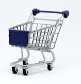 A modern miniature shopping cart on a clean white background, perfect for e-commerce concepts.